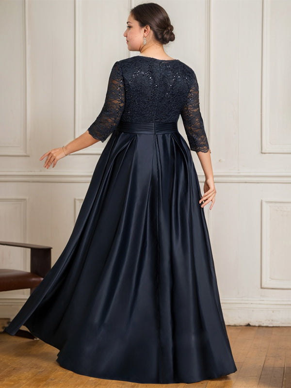 A-line V-Neck Floor-Length Satin Lace Mother of the Bride Dress With Sequins Bow - View 11 | FashionDia