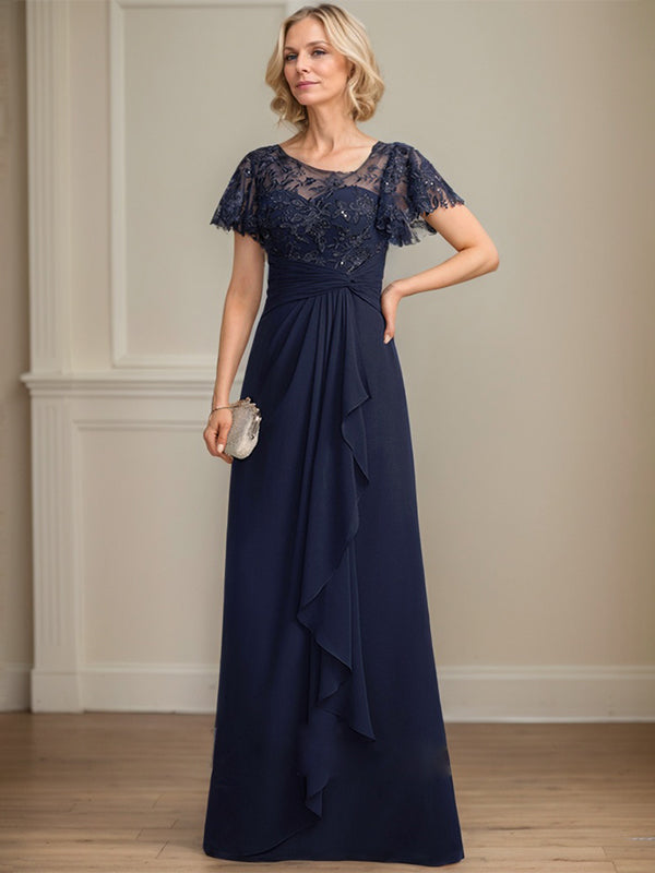 A-line Asymmetrical Illusion Floor-Length Lace Chiffon Mother of the Bride Dress With Cascading Ruffles Sequins - View 5 | FashionDia
