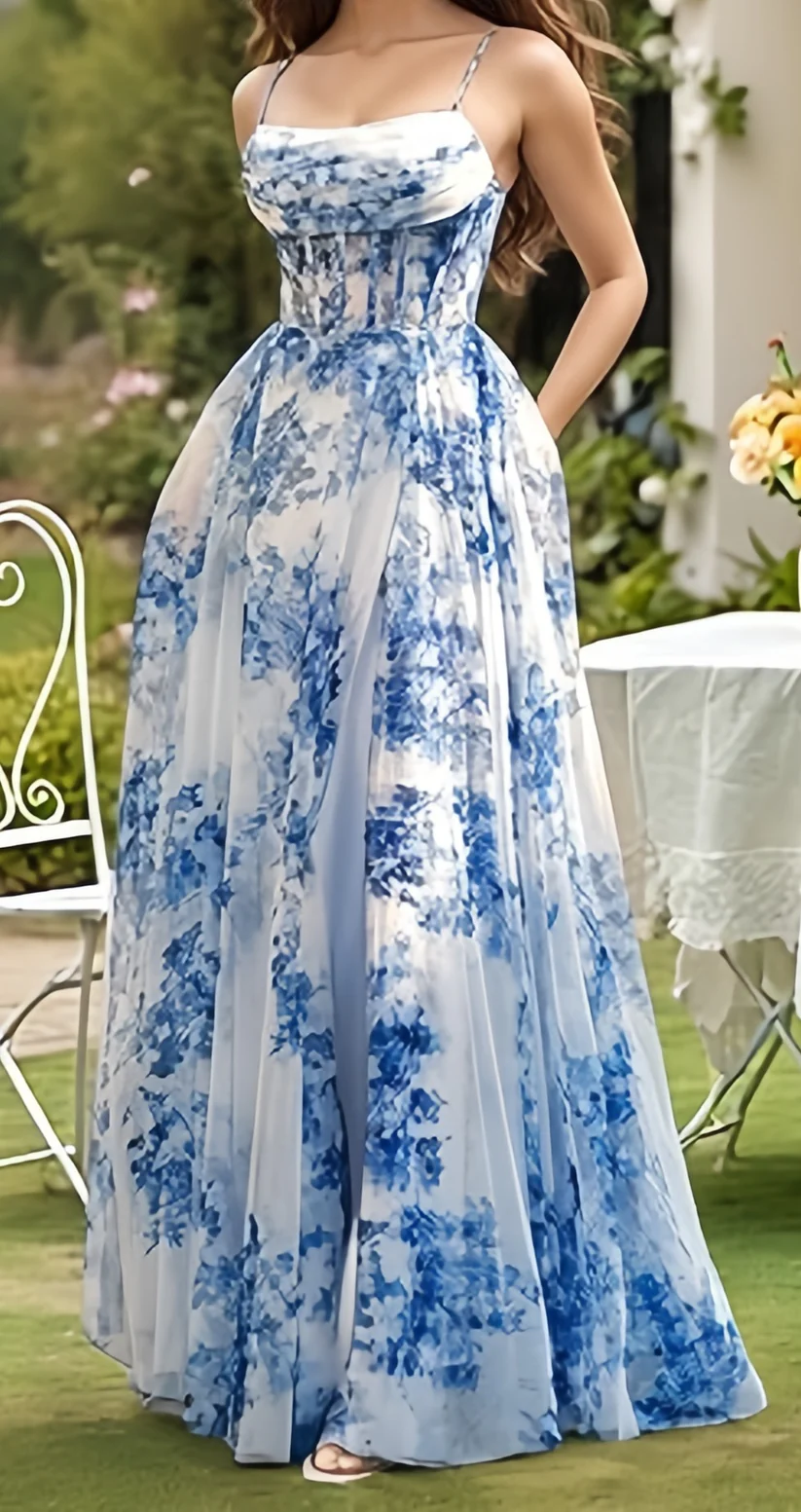 Elegant Spaghetti Strap Blue Chiffon Print Floral Prom Dress ,Formal Slit A Line Evening Dress