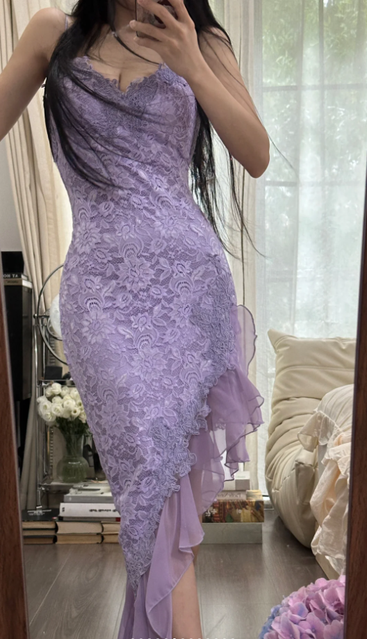 Pretty Spaghetti Straps Lavender V-Neck Lace Chiffon Ruffles Long Party Dress Birthday Dress - View 8 | FashionDia