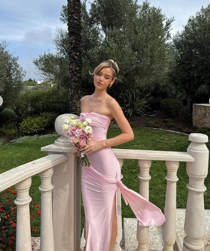Pink Strapless Pleated Slit Evening Dress Long Sheath Party Prom Dress
