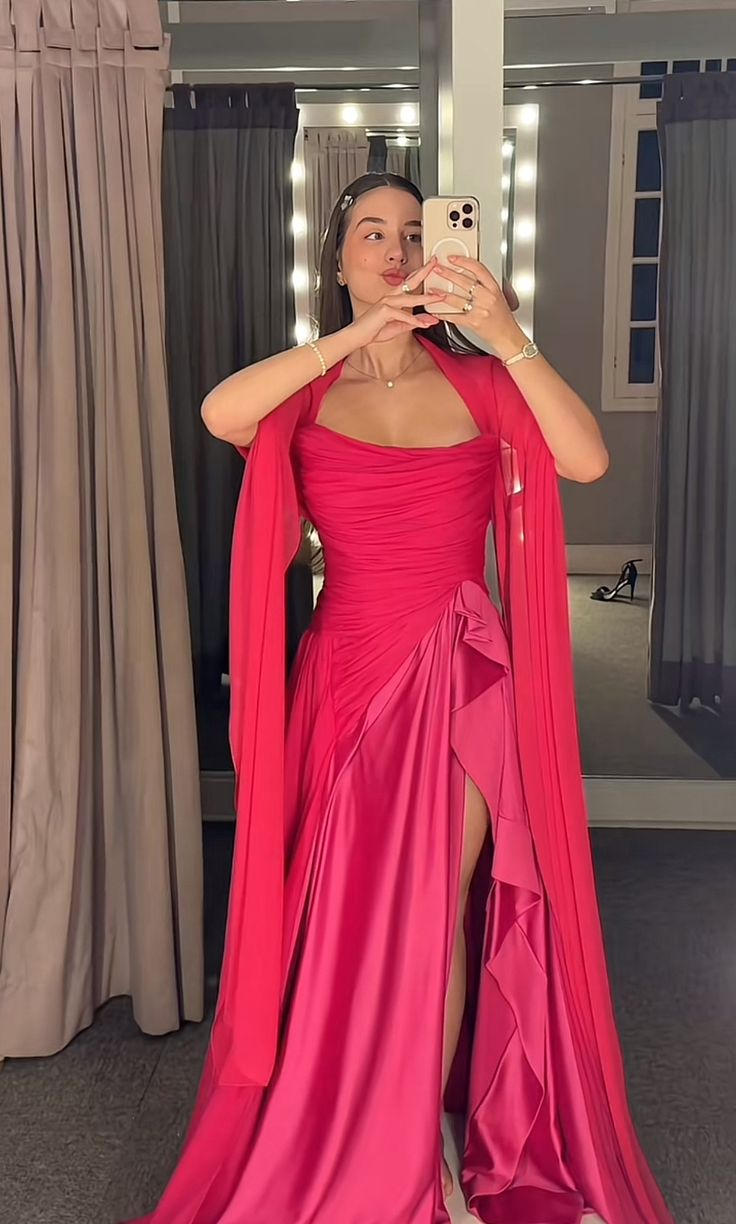 Stylish Pink Chiffon Satin Slit Mermaid Evening Long Party Dress