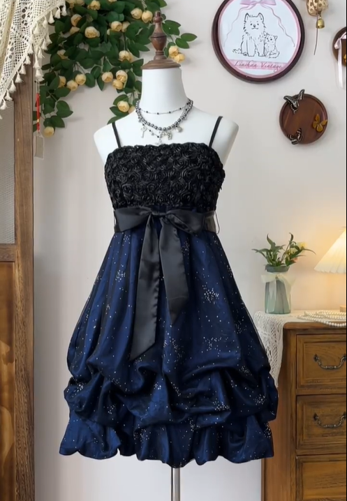Vintage Spaghetti Straps Rose Flowers Cocktail Dress Navy Blue A Line Homecoming Dress