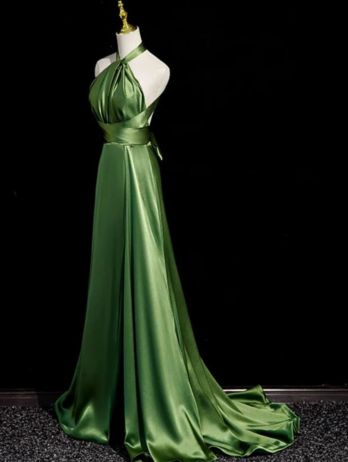 Sexy A-Line Green Satin Halter Backless Prom Dress Prom Dress - View 2 | FashionDia