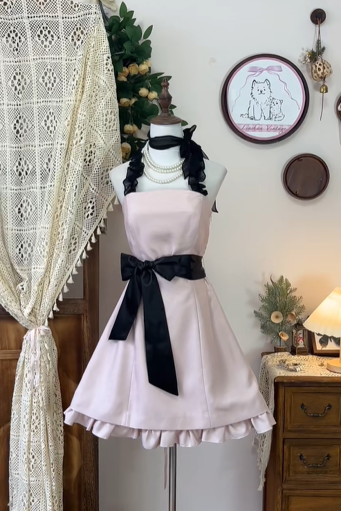 Cute Pink Satin A Line Ruffle Homecoming Dress Halter Cocktail Dress