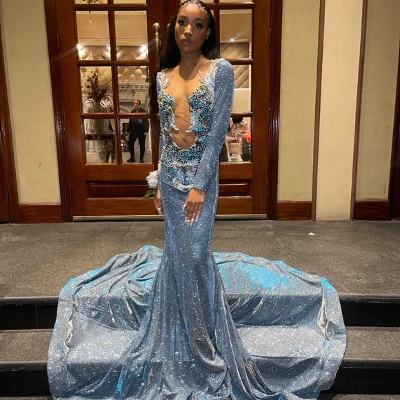 Beautiful Blue Satin Appliques Mermaid Evening Gown,Shiny Formal Prom Dress