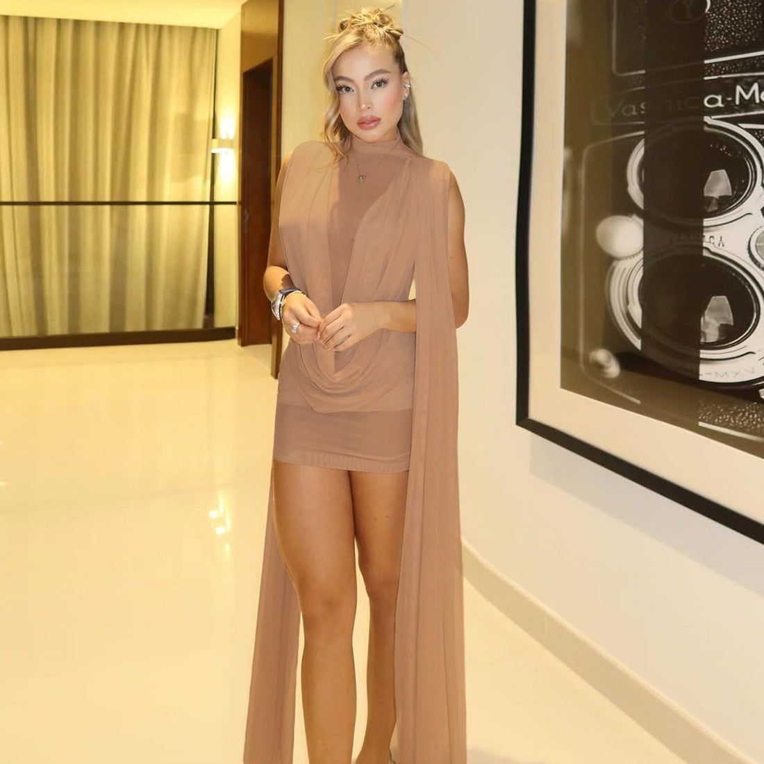 Black Sheer High-Neck Mini Dress with Cape Sleeves