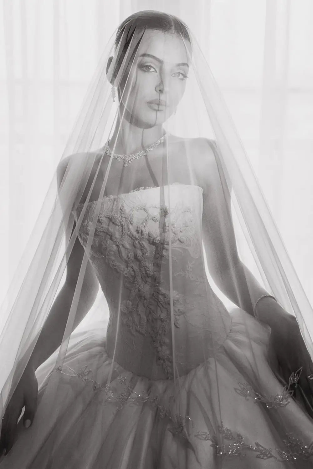 White Satin Tulle Ball Gown Bridal Dress with Embroidered Lace Bodice ZP207 - View 5 | VelvetHem