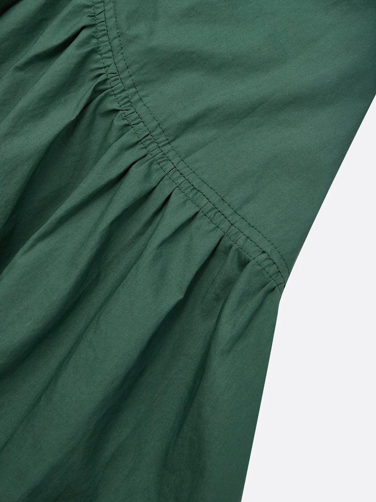 Green Shirred Cotton Crew Neck Sleeveless A-Line Midi Dress