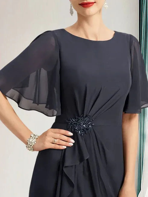 A-line Scoop Floor-Length Chiffon Mother of the Bride Dress With Cascading Ruffles Beading Sequins - View 5 | FashionDia