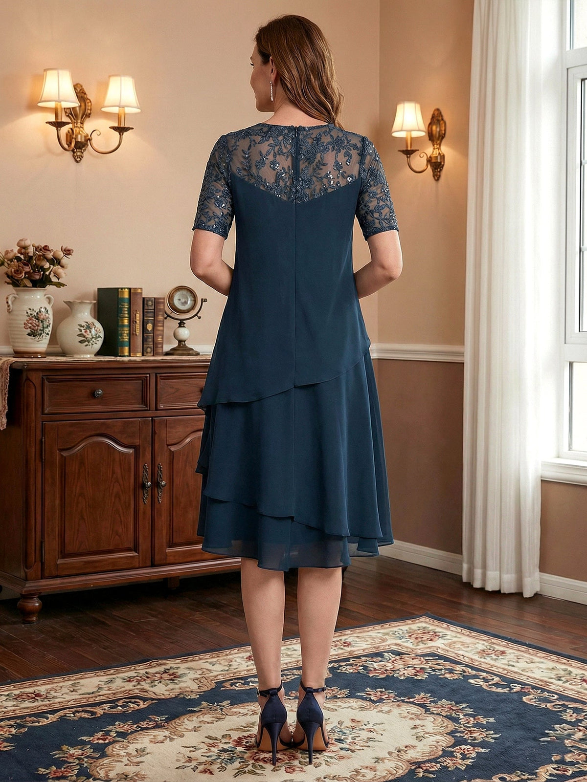 A-line Scoop Illusion Knee-Length Lace Chiffon Mother of the Bride Dress With Sequins - View 2 | FashionDia