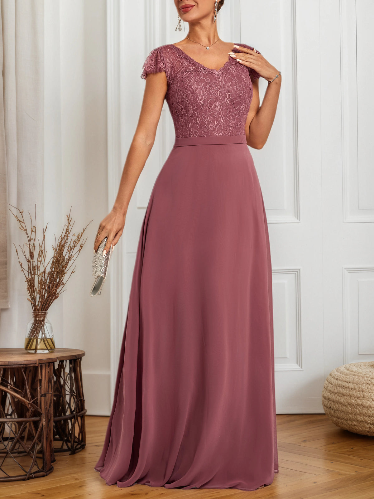 Watermelon Red Lace V-Neck Short Sleeve A-Line Maxi Dress - View 4 | FashionDia