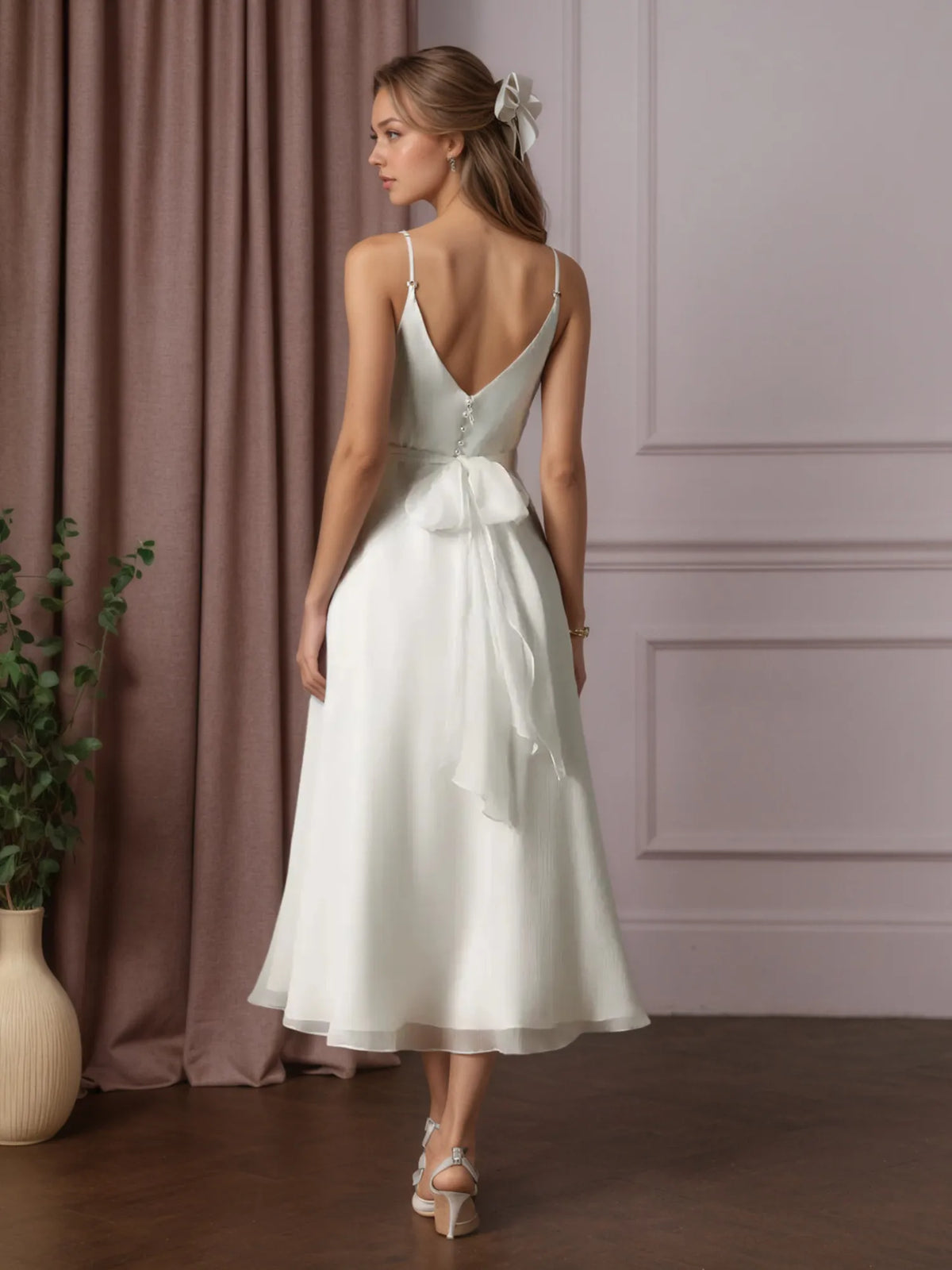 White A-Line V-Neck Pleated Crinkle Chiffon Wedding Dress - View 2 | FashionDia
