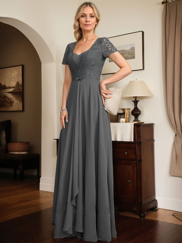 A-line Sweetheart Floor-Length Chiffon Lace Mother of the Bride Dress With Beading Cascading Ruffles - View 5 | FashionDia