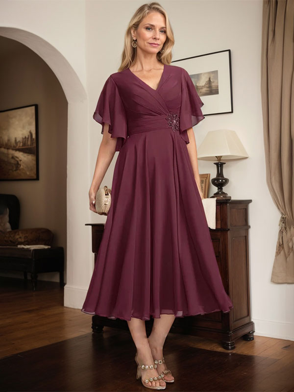 A-line V-Neck Tea-Length Chiffon Mother of the Bride Dress With Pleated Beading - View 3 | FashionDia