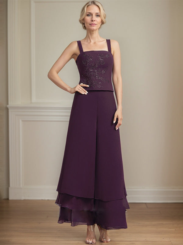 Separates Jumpsuit/Pantsuit Square Ankle-Length Lace Chiffon Mother of the Bride Dress With Sequins - View 5 | FashionDia