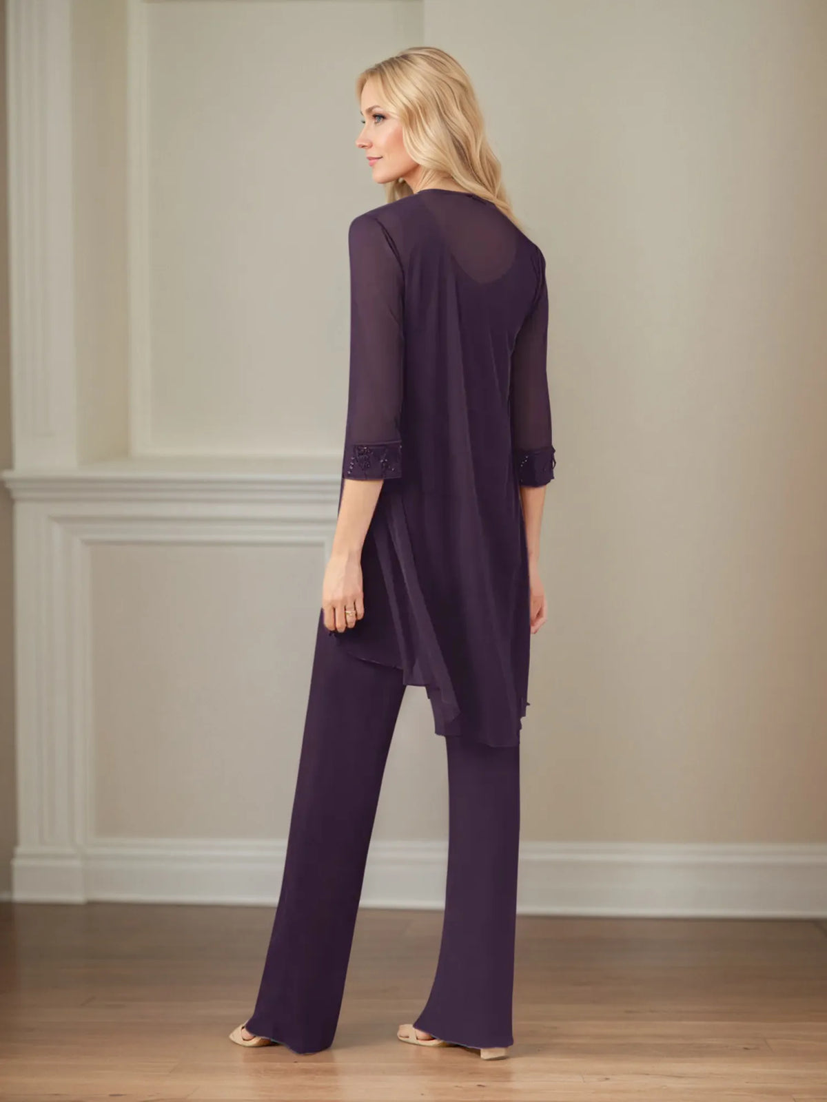 Jumpsuit/Pantsuit Scoop Neck 3/4 Sleeves Chiffon Mother of the Bride Dress - View 3 | FashionDia