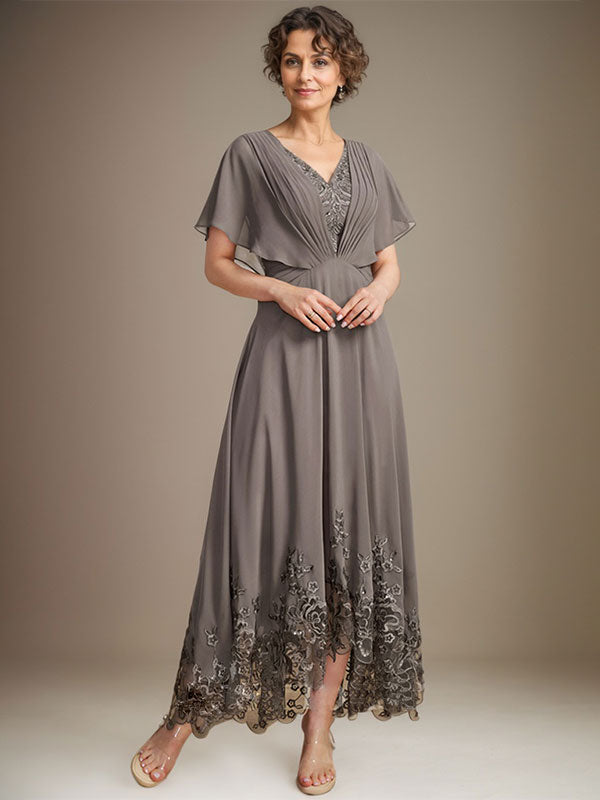 A-line V-Neck Asymmetrical Lace Chiffon Mother of the Bride Dress With Pleated - FashionDia