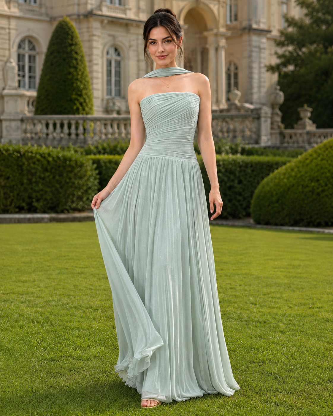 Graceful Strapless Sleeveless Chiffon Prom Dresses Floor Length With Pleats Zipper
