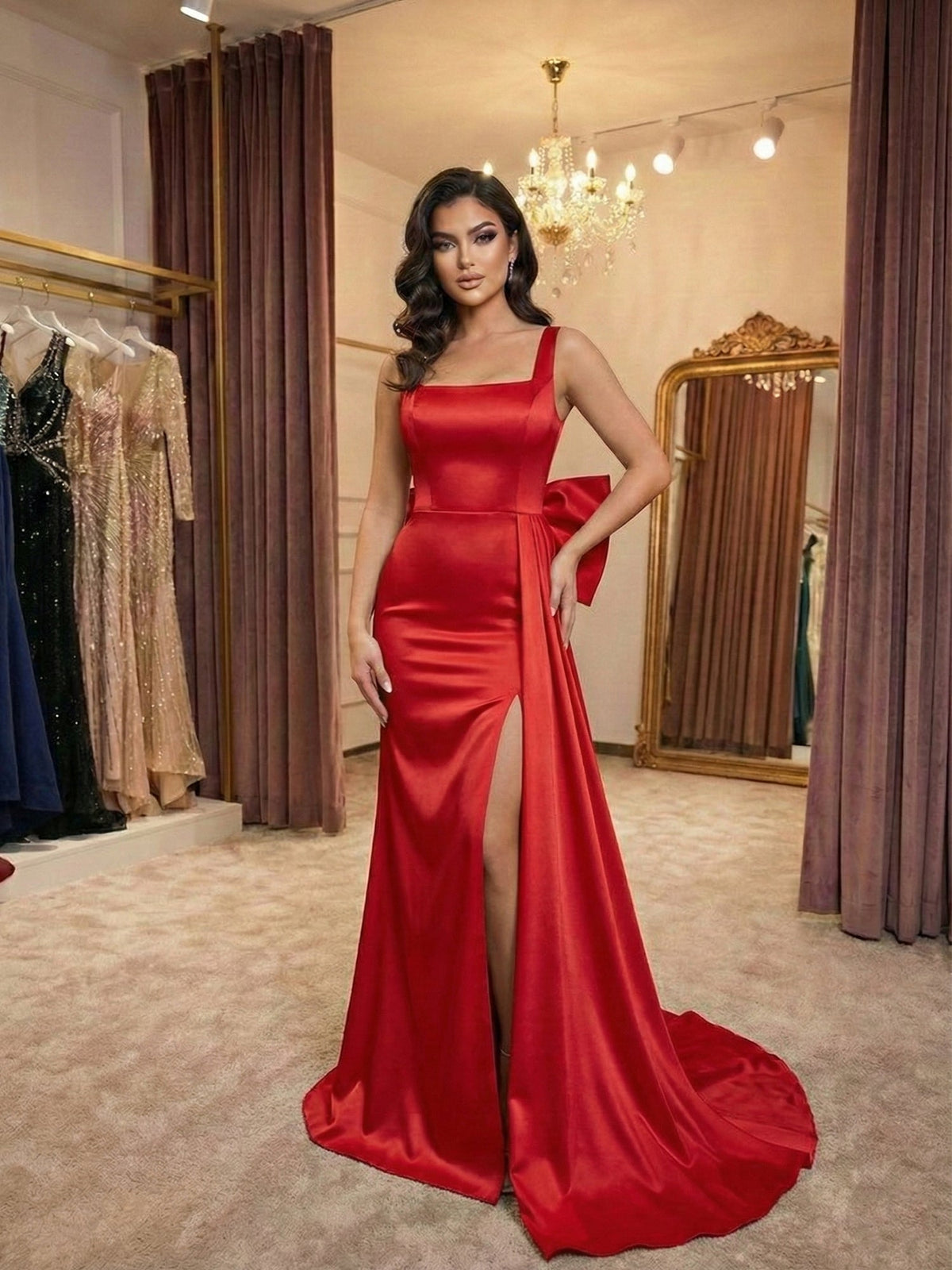 Ivory Grace Satin Square-Neck Prom Dress with Side Bow - View 6 | FashionDia