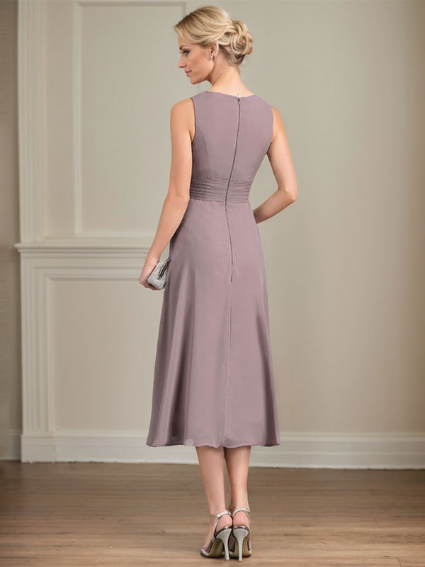 A-line Scoop Tea-Length Chiffon Mother of the Bride Dress With Pleated - View 5 | FashionDia