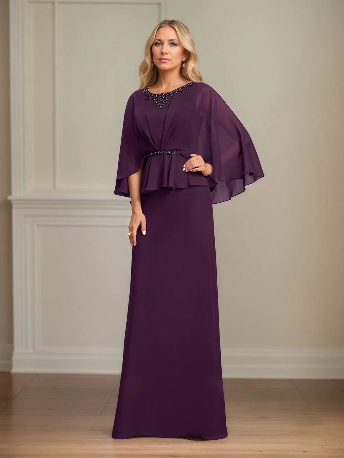 A-line Scoop Floor-Length Chiffon Mother of the Bride Dress With Pleated Sequins Beading - View 5 | FashionDia