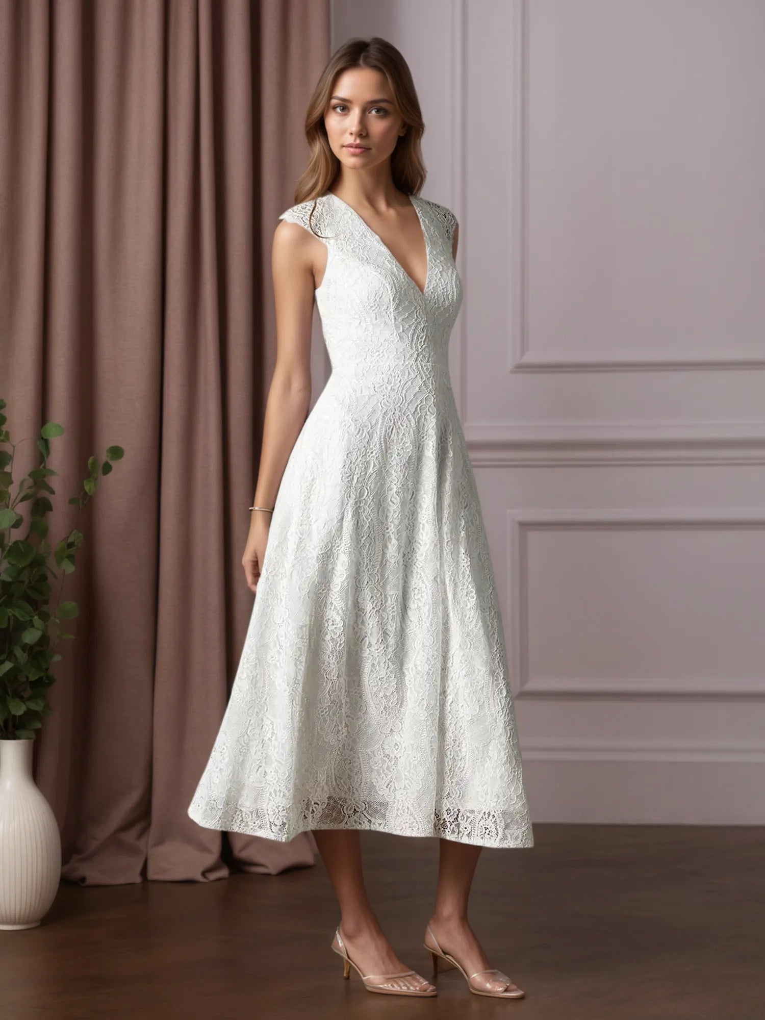 White A-Line Tea-Length Lace Wedding Dress