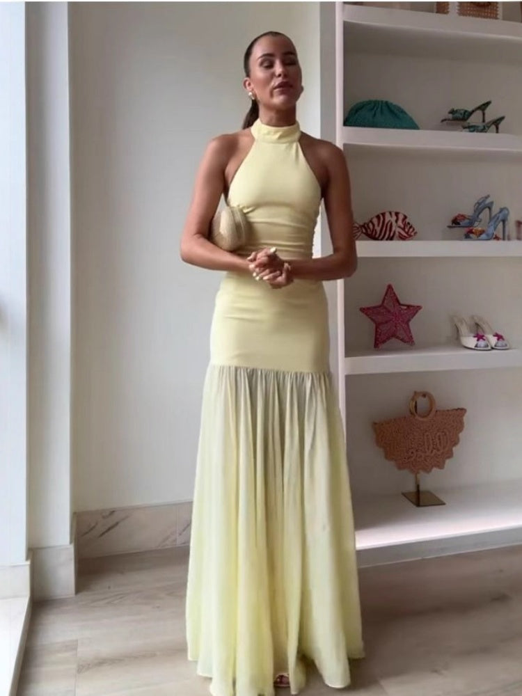 Tulle Hanging Neck Panel Evening Gown