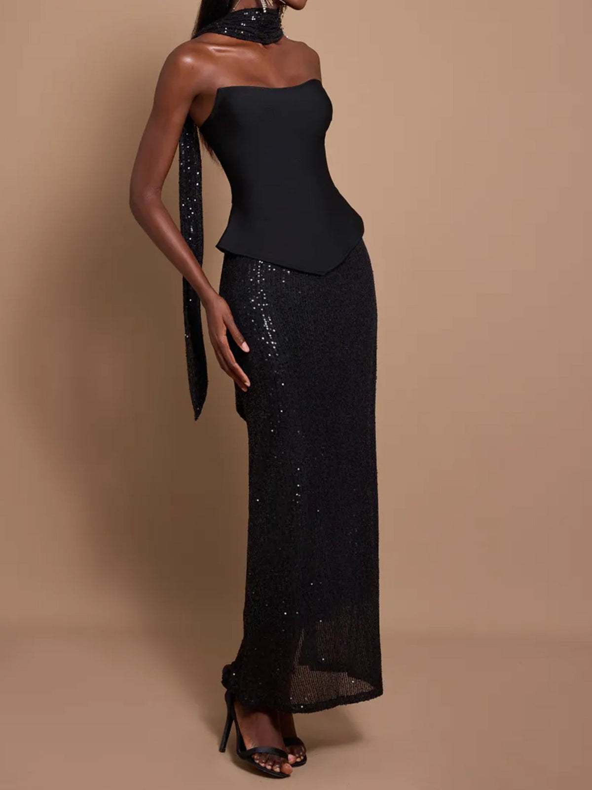 Off-Shoulder Bandage Top & Sequin Midi Skirt Set