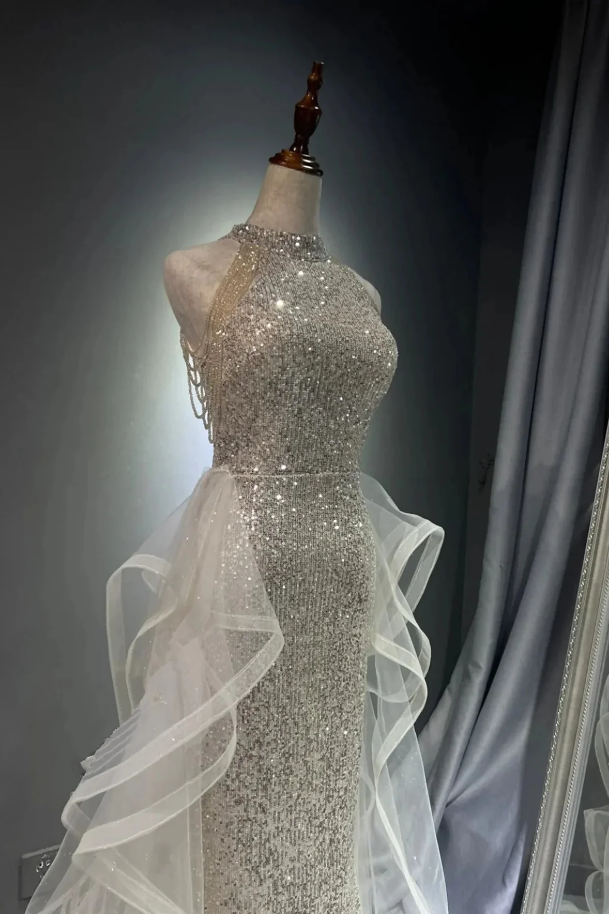 Chic White Tulle and Sequins Long Prom Dress, Halter A-line Party Dress Evening Dress - View 2 | FashionDia