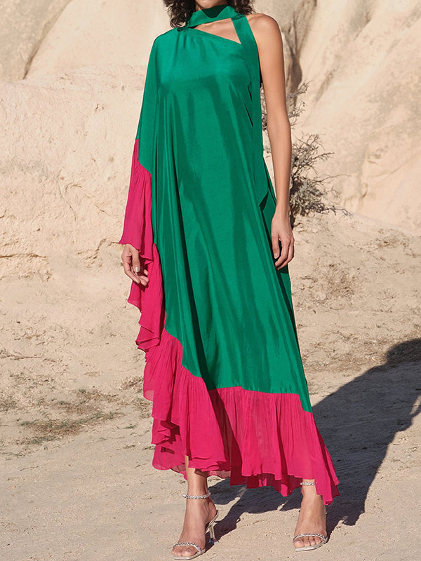 Loose Asymmetric Contrast Color Pleated Split-Joint Streamer One-Shoulder Evening Dresses Maxi Dresses - View 2 | VelvetHem