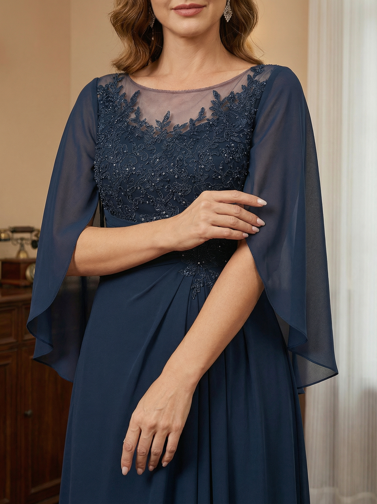 A-Line/Princess Scoop Floor-Length Mother of the Bride Dresses with Pleated & Sequins - View 2 | FashionDia