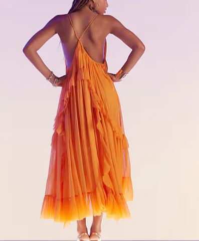 Spaghetti Straps Orange Ruffle Wedding Guest Dress