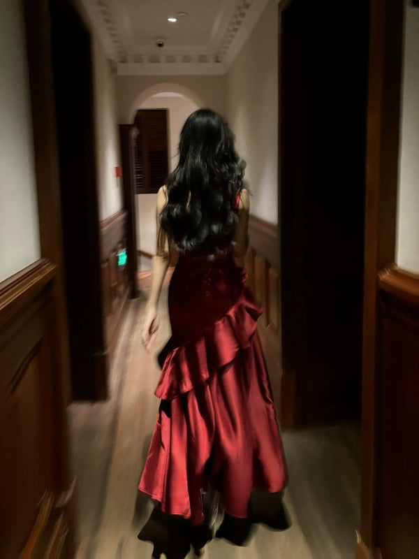 A Line Burgundy Long Prom Dress Ruffle Elegant Evening Dress J8617