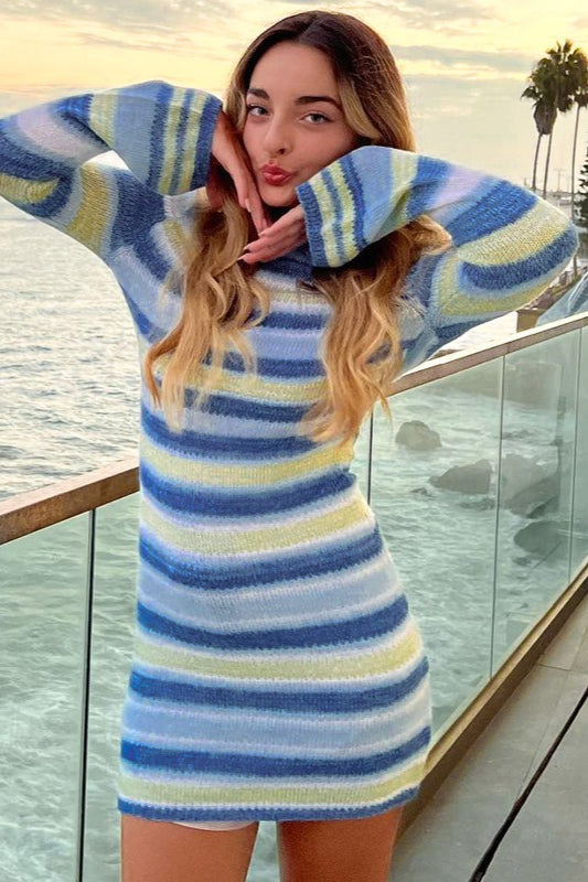Striped Knit Backless Bell-Sleeve Sweater Dress - VelvetHem