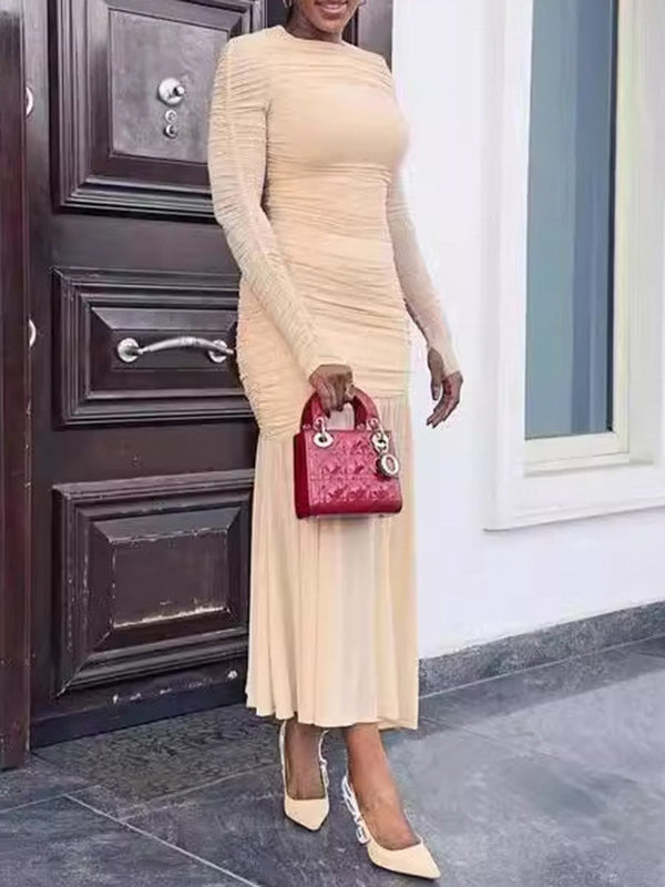 Long Sleeves Skinny Pleated See-Through Solid Color Split-Joint Round-Neck Evening Dresses Maxi Dresses - View 9 | VelvetHem