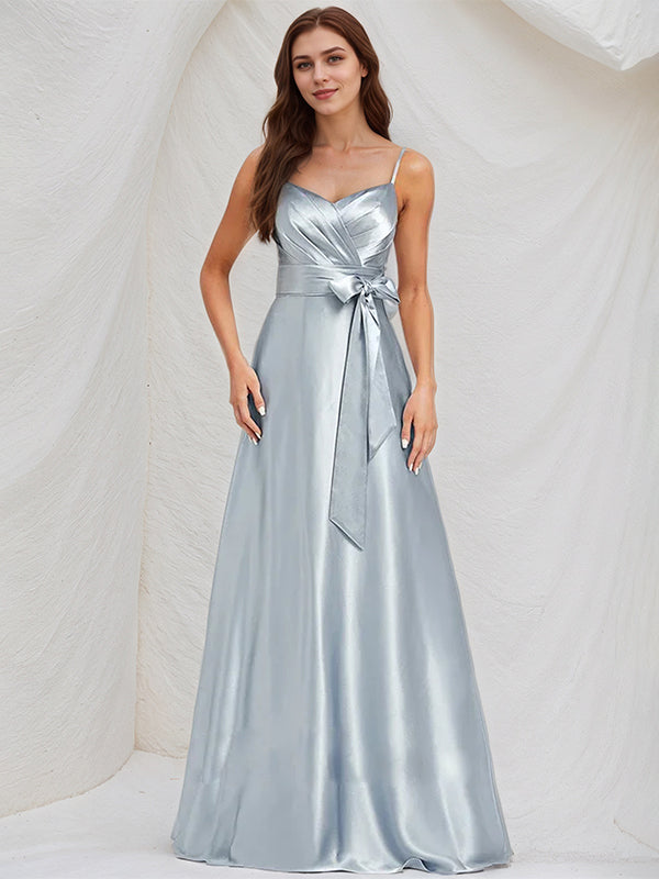 Ice Blue Satin A Line Spaghetti Straps Sleeveless Floor Length Bridesmaid Dress With Bow