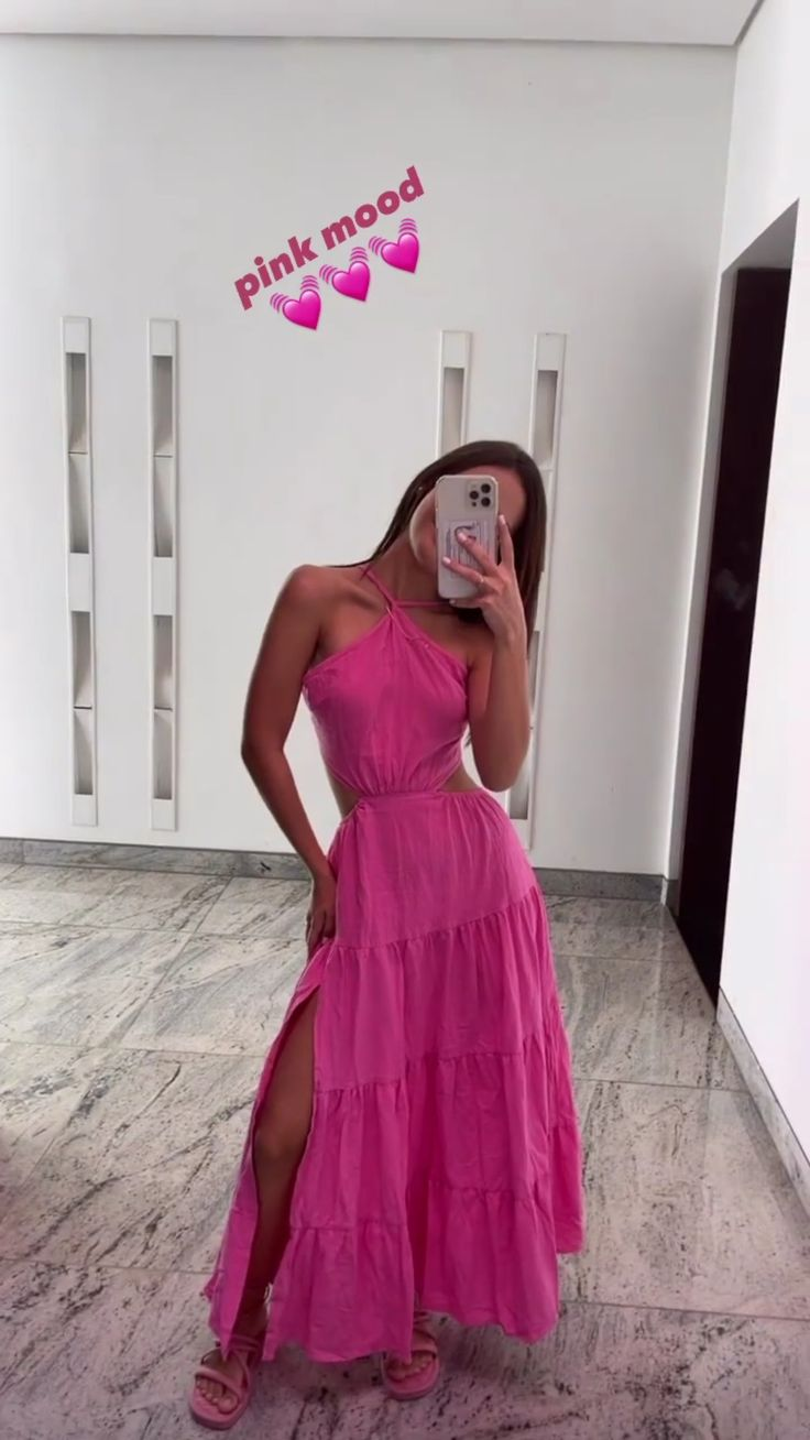Beautiful Hot Pink A Line Party Dress Waist-baring Slit Evening Dress