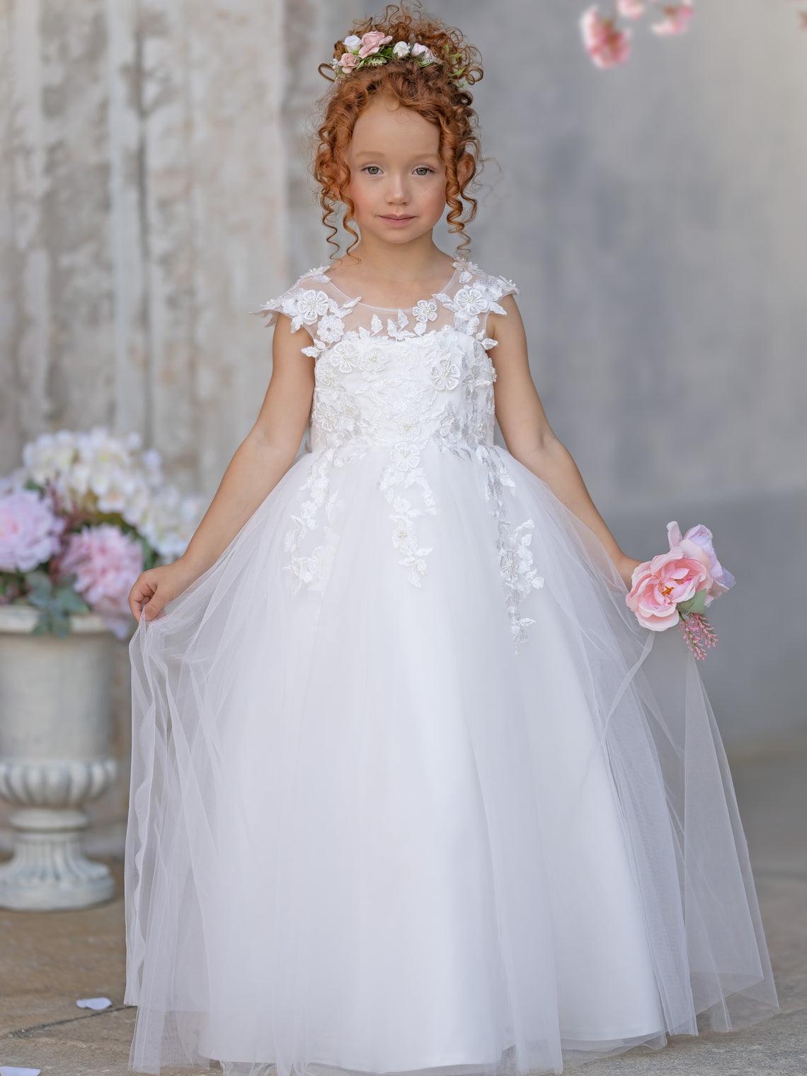 Ivory Princess Gown with Lace Appliques and Tulle Bow | Short Sleeve Ankle-Length Tulle Flower Girl Dress - VelvetHem