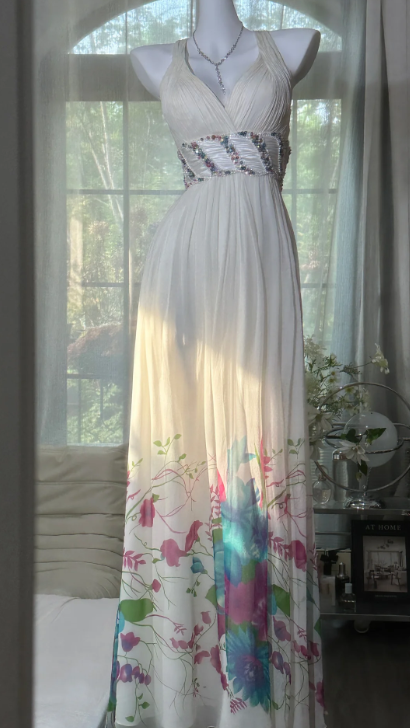 Chiffon Flower Printed Prom Party Dress 21st Birthday Outfit Evening Dress