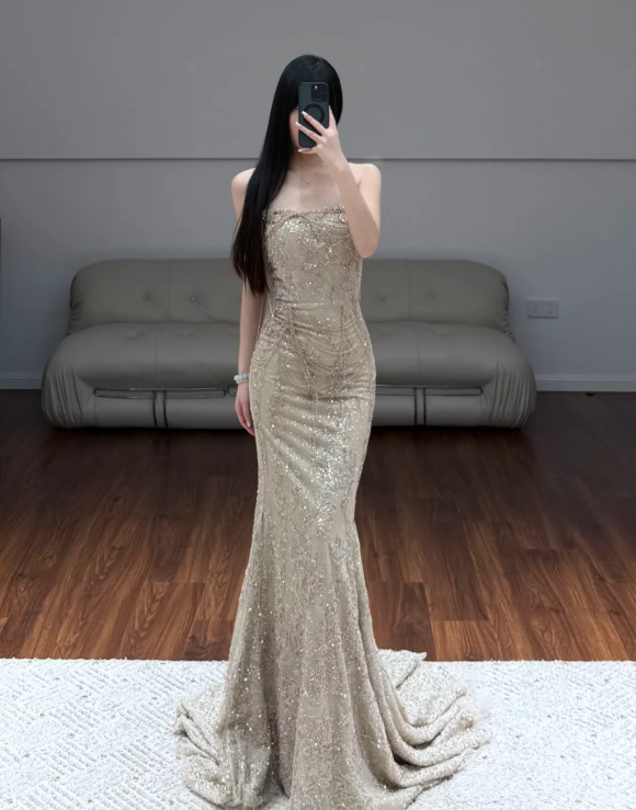 Sequins Lace Prom Party Dress Mermaid Evening Dress With Beading