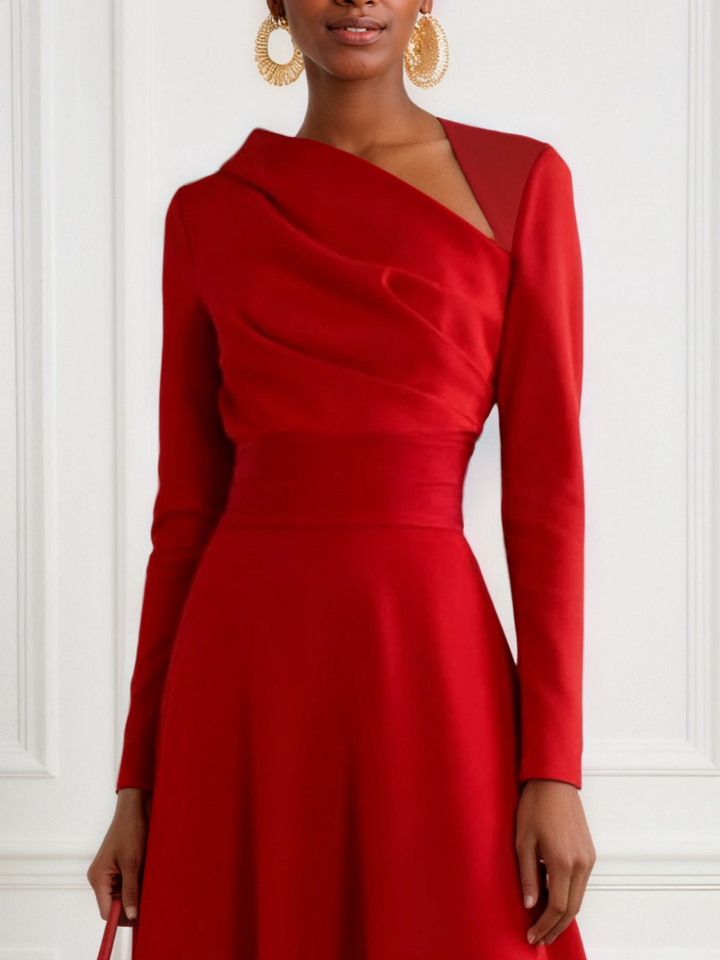 Red Classic Asymmetrical Long Sleeve A-Line Midi Dress - View 3 | FashionDia