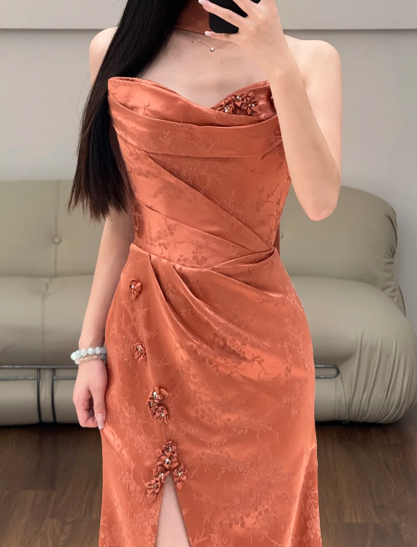 Rust Red Satin Prom Party Dress Evening Dress Graduation Dress fg8626
