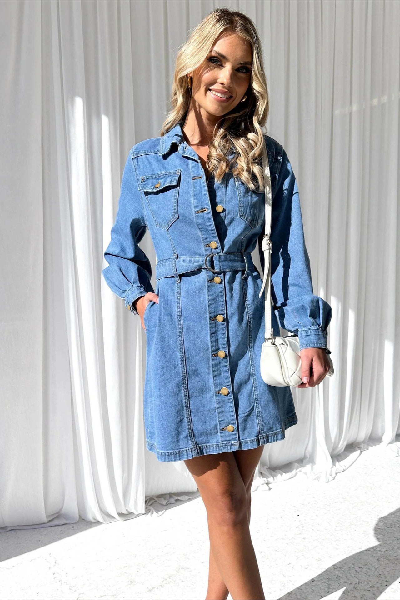 Button-Down Tie Waist Denim Dress - View 2 | VelvetHem