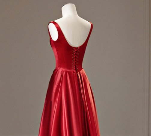Elegant Red Satin Straps Pleats Prom Dress Long A-Line Party Evening Dress - View 4 | FashionDia