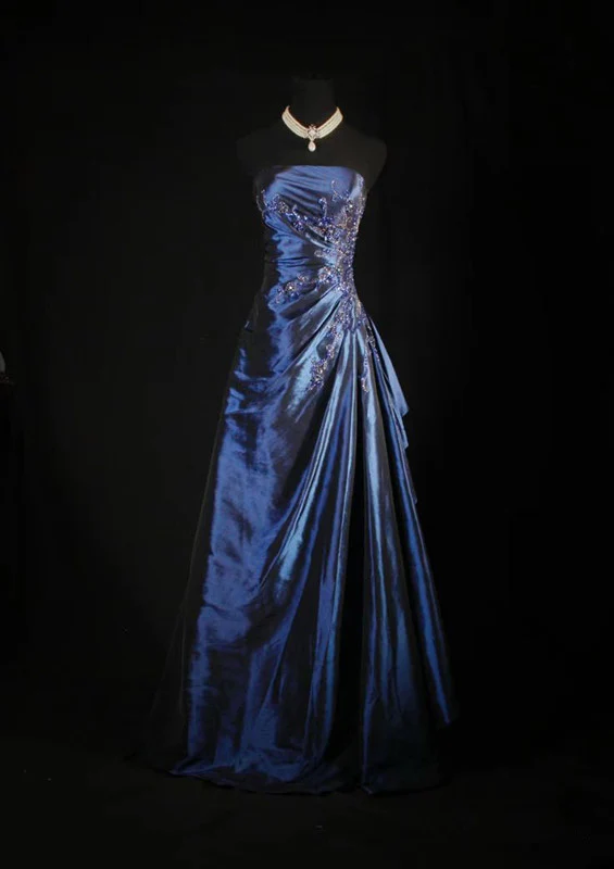 A-Line Navy Blue Long Prom Dress Beaded Evening Gowns