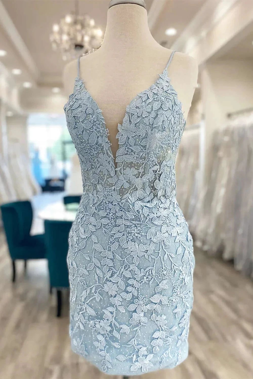 Cute Light Blue V Neck Lace Homecoming Dresses by Ombreprom