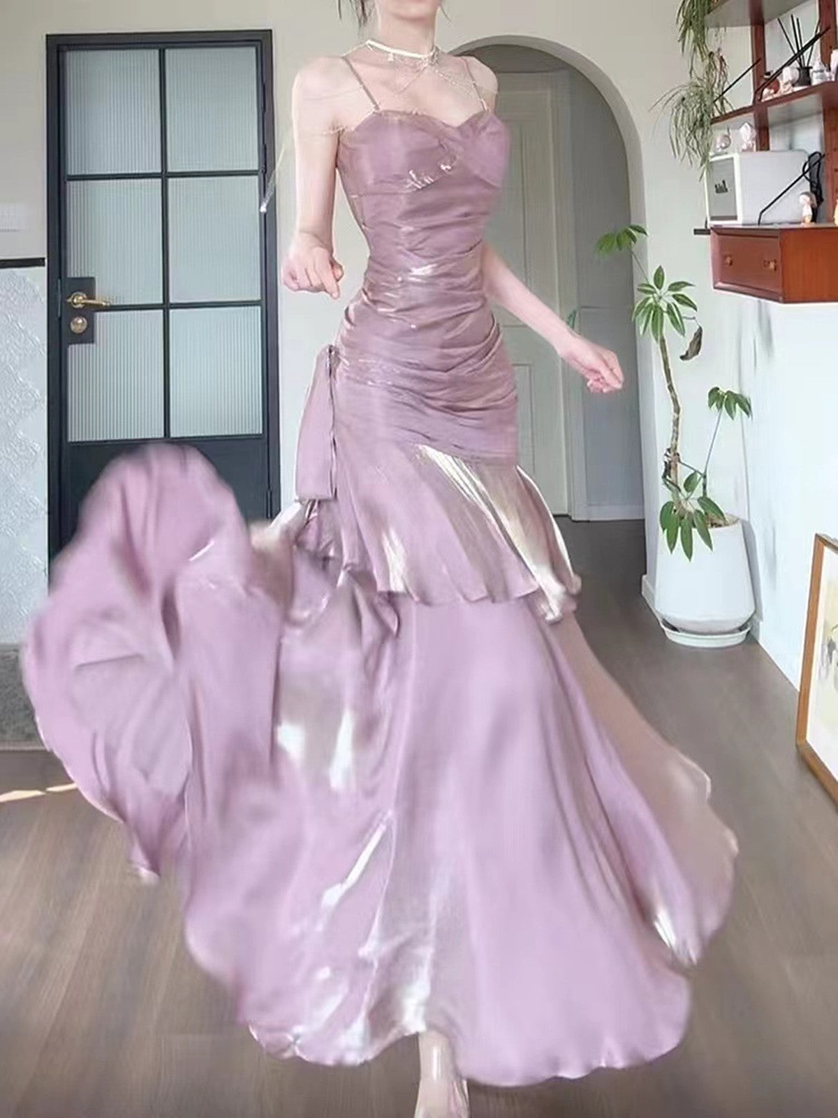 Chic Pink Satin Straps Long Party Dress Satin Mermaid Prom & Evening Dress - View 2 | FashionDia