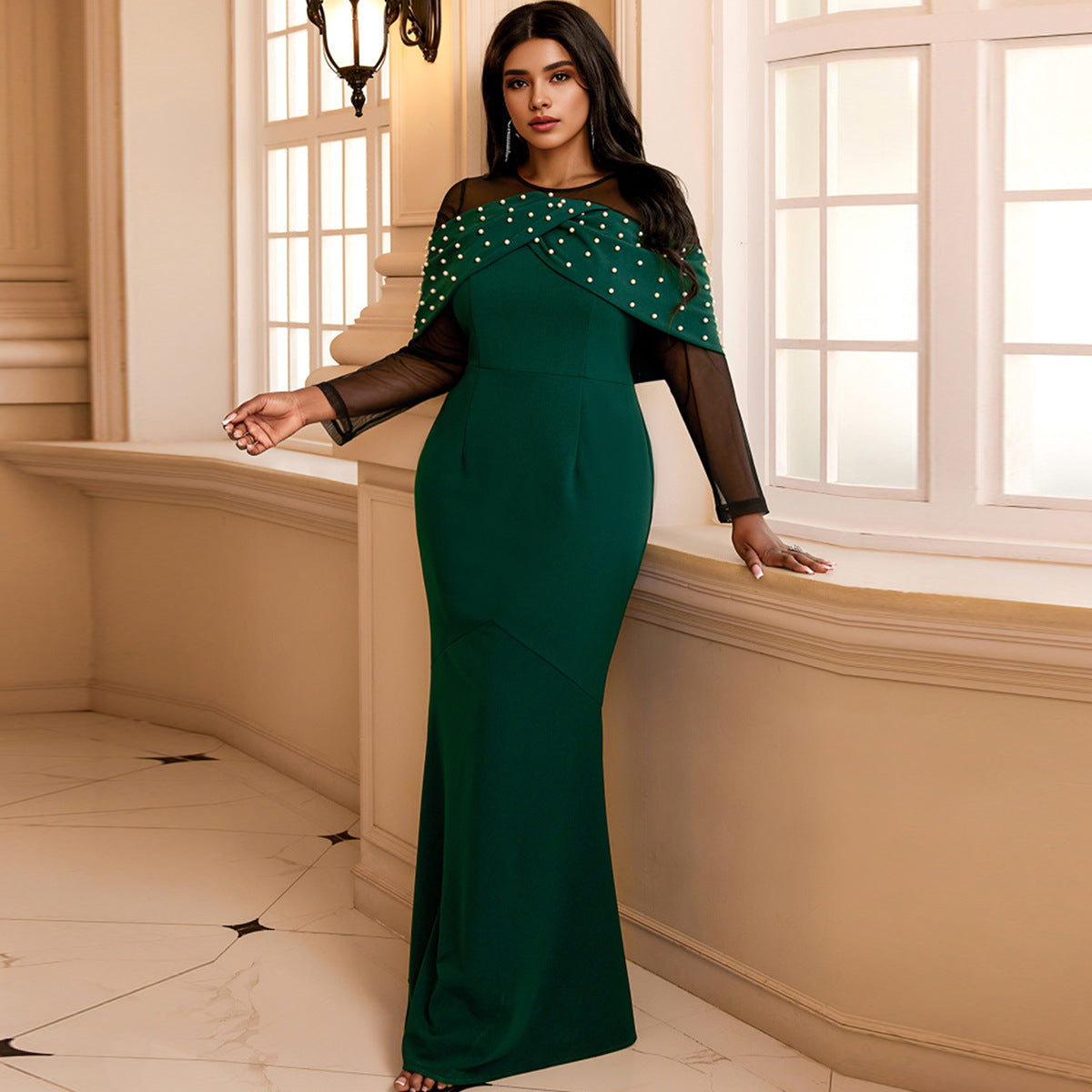 Young See Through Sleeve High Waisted Beaded Evening Dress - VelvetHem