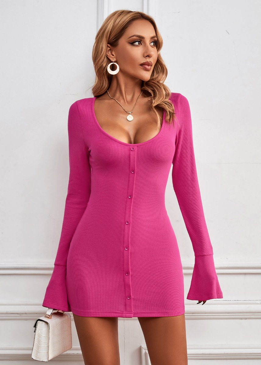 U Neck Button Bodycon Mini Dress